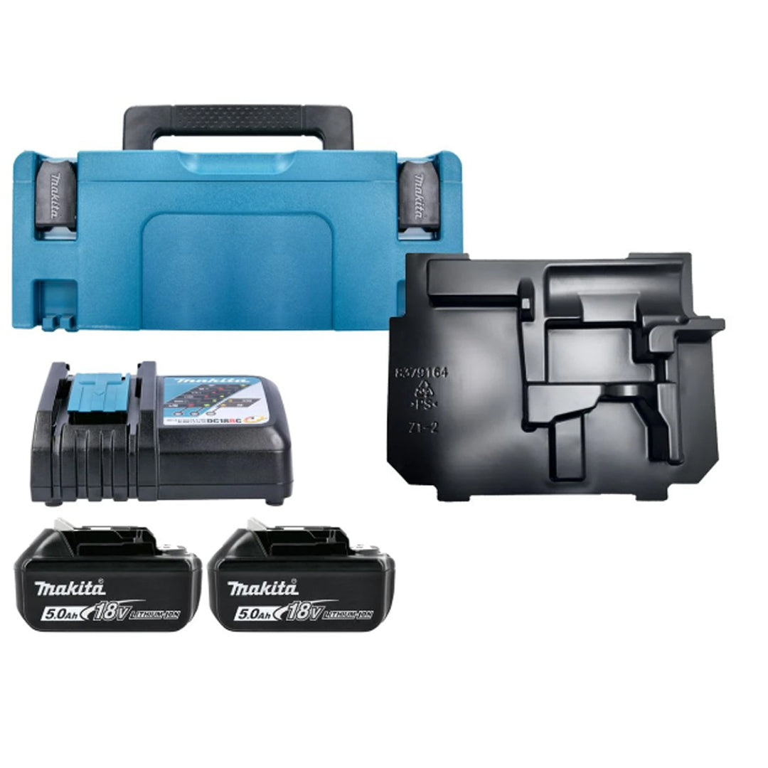 Makita 18V LXT Battery and Charger Kit – Includes 2 x 5.0Ah BL1850 Batteries, DC18RC Charger, and Type 2 Makpac Connector Case.